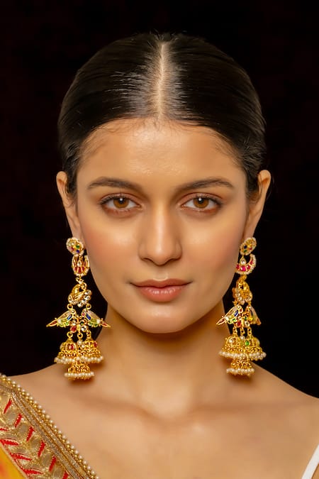Shop_Shlok Jewels_Multi Color Pearls, Gota Panchi Paradise Kundan Studded Long Jhumka Earrings _at_Aza_Fashions
