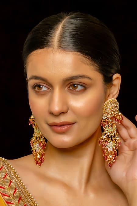 Shop_Shlok Jewels_White Pearls, Gota Patti, Stones Noor Kundan Embellished Chandbali Danglers _at_Aza_Fashions