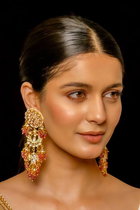 Shlok Jewels_White Pearls, Gota Patti, Stones Noor Kundan Embellished Chandbali Danglers _Online_at_Aza_Fashions