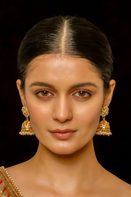 Shop_Shlok Jewels_White Bloom Kundan Embellished Jhumkas _at_Aza_Fashions