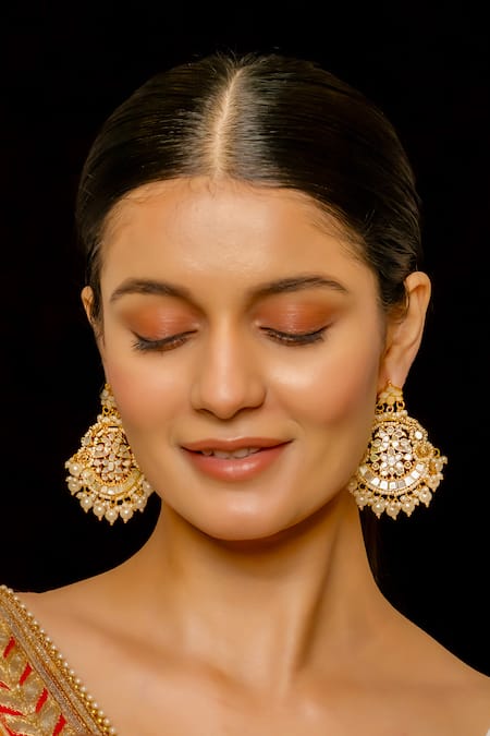 Shop_Shlok Jewels_White Pearls Gul Embellished Chandbalis _at_Aza_Fashions