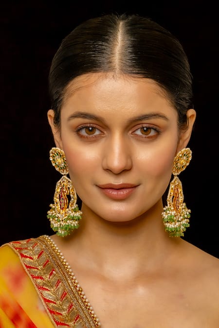 Shop_Shlok Jewels_Multi Color Pearls, Stones Mughal Bahar And Kundan Embellished Danglers _at_Aza_Fashions