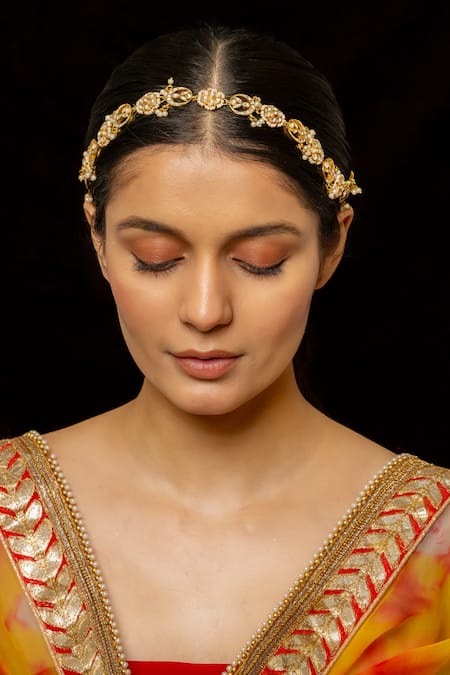 Shop_Shlok Jewels_White Chand Bloom Kundan Embellished Mathapatti _at_Aza_Fashions