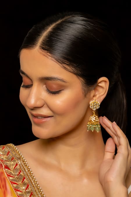 Shop_Shlok Jewels_White Kundan Embellished Jhumkas _at_Aza_Fashions