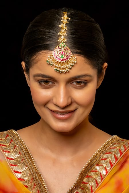Shop_Shlok Jewels_Multi Color Half Crescent Carved Cutwork Maangtikka _at_Aza_Fashions