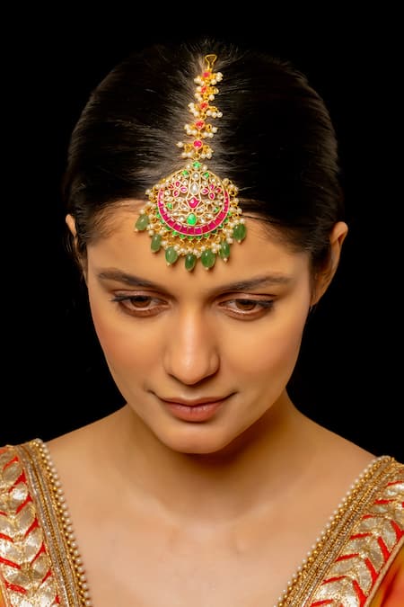 Shop_Shlok Jewels_Multi Color Geometric Carved Maangtikka _at_Aza_Fashions
