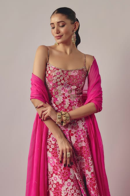 Buy_Krishna Padia_Pink Silk Organza, Lycra, Crepe Floral Print And Embellished Anarkali Set _Online_at_Aza_Fashions