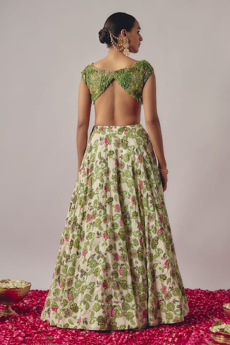 Shop Krishna Padia Green Crepe, Silk Organza Sequins, Gardenia Print And Embellished Lehenga Set at Aza Fashions Shop_Krishna Padia_Green Crepe, Silk Organza Sequins, Gardenia Print And Embellished Lehenga Set _at_Aza_Fashions