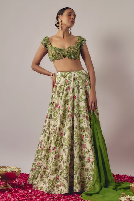 Krishna Padia Green Crepe, Silk Organza Sequins, Gardenia Print And Embellished Lehenga Set Online at Aza Fashions Krishna Padia_Green Crepe, Silk Organza Sequins, Gardenia Print And Embellished Lehenga Set _Online_at_Aza_Fashions