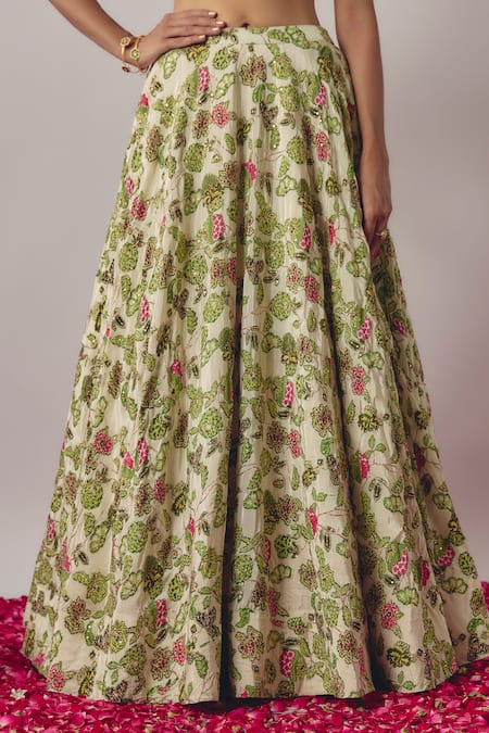 Buy Krishna Padia Green Crepe, Silk Organza Sequins, Gardenia Print And Embellished Lehenga Set Online at Aza Fashions Buy_Krishna Padia_Green Crepe, Silk Organza Sequins, Gardenia Print And Embellished Lehenga Set _Online_at_Aza_Fashions