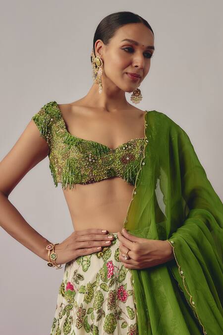 Shop Krishna Padia Green Crepe, Silk Organza Sequins, Gardenia Print And Embellished Lehenga Set Online at Aza Fashions Shop_Krishna Padia_Green Crepe, Silk Organza Sequins, Gardenia Print And Embellished Lehenga Set _Online_at_Aza_Fashions
