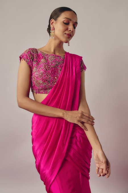 Buy_Krishna Padia_Pink Crepe Embroidery Boat Neck Solid Pre-draped Lehenga Saree With Blouse _Online_at_Aza_Fashions