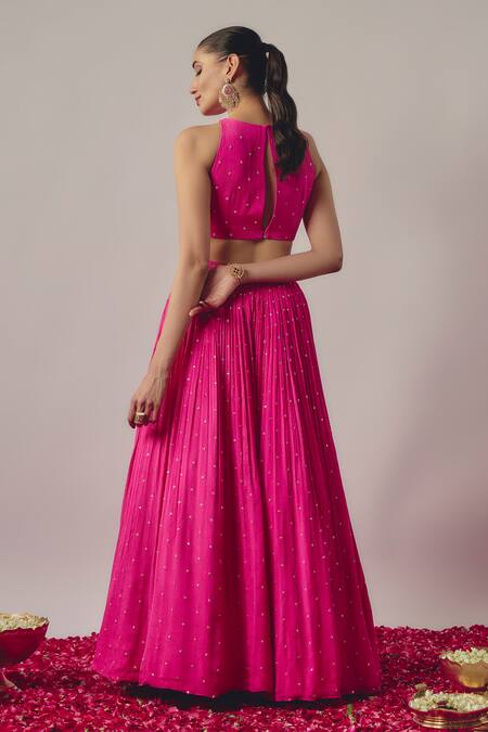 Krishna Padia Sequin Bloom Embellished Gathered Flare Lehenga Set 