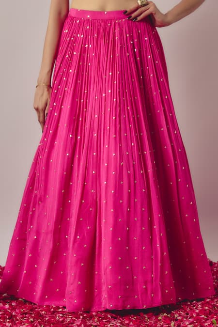 Krishna Padia_Pink Chiffon, Crepe Sequins, Pearls Bloom Embellished Gathered Flare Lehenga Set_Online_at_Aza_Fashions