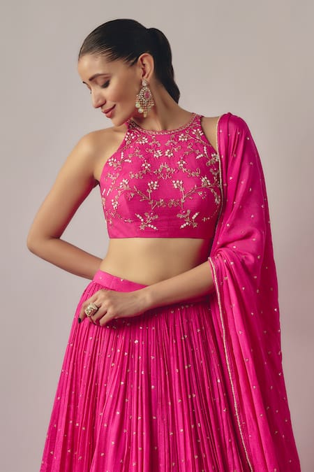 Buy_Krishna Padia_Pink Chiffon, Crepe Sequins, Pearls Bloom Embellished Gathered Flare Lehenga Set_Online_at_Aza_Fashions