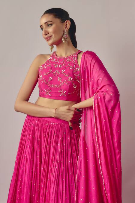 Shop_Krishna Padia_Pink Chiffon, Crepe Sequins, Pearls Bloom Embellished Gathered Flare Lehenga Set_Online_at_Aza_Fashions