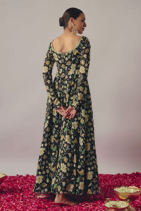 Krishna Padia Midnight Bloom Print & Embellished Anarkali Set 