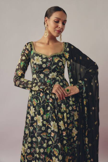 Krishna Padia_Black Georgette, Chiffon, Lycra Midnight Bloom Print And Embellished Anarkali Set _Online_at_Aza_Fashions
