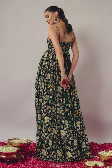 Shop Krishna Padia Black Chiffon, Crepe Sequins, Midnight Bloom Print And Embellished Maxi Gown at Aza Fashions Shop_Krishna Padia_Black Chiffon, Crepe Sequins, Midnight Bloom Print And Embellished Maxi Gown _at_Aza_Fashions
