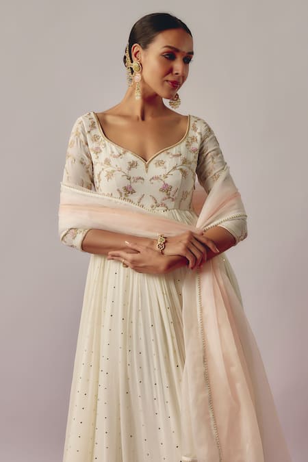 Krishna Padia_Ivory Organza, Georgette, Lycra Embroidery Bloom Tikki And Salli Anarkali Set _Online_at_Aza_Fashions