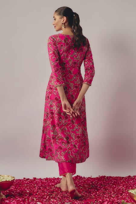Shop Krishna Padia Pink Organza, Crepe Embroidery, Sequins Gul Print And Embellished Kurta Pant Set at Aza Fashions Shop_Krishna Padia_Pink Organza, Crepe Embroidery, Sequins Gul Print And Embellished Kurta Pant Set _at_Aza_Fashions