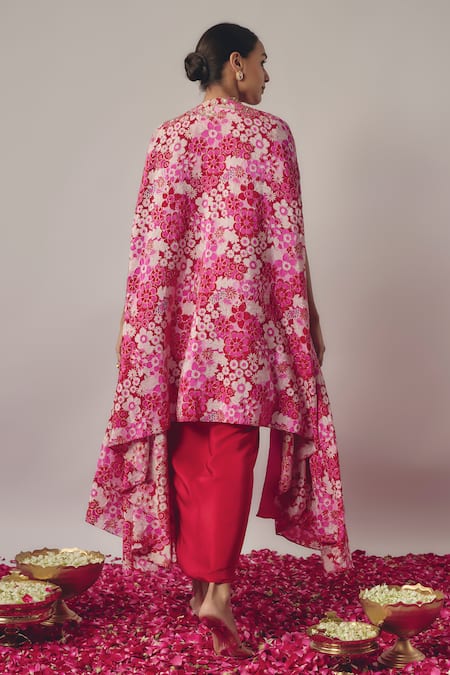 Shop Krishna Padia Pink Crepe Embroidery Open Neck Bahar Print And Cape Draped Skirt Set at Aza Fashions Shop_Krishna Padia_Pink Crepe Embroidery Open Neck Bahar Print And Cape Draped Skirt Set _at_Aza_Fashions