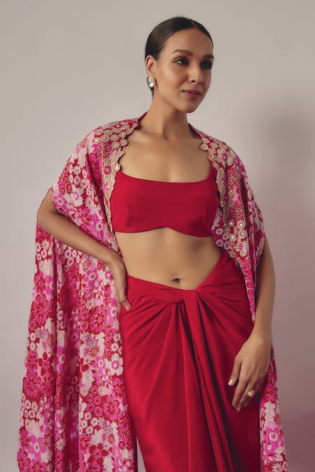 Buy Krishna Padia Pink Crepe Embroidery Open Neck Bahar Print And Cape Draped Skirt Set Online at Aza Fashions Buy_Krishna Padia_Pink Crepe Embroidery Open Neck Bahar Print And Cape Draped Skirt Set _Online_at_Aza_Fashions