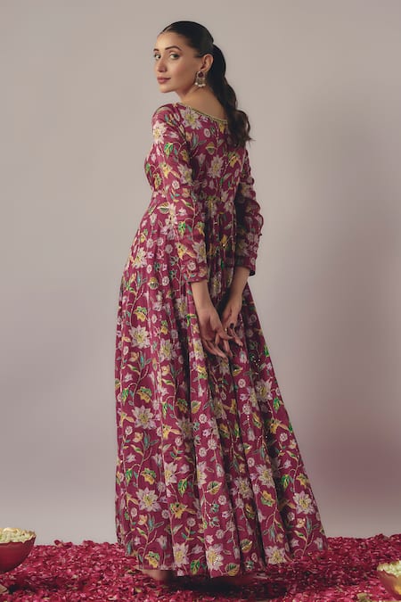 Shop Krishna Padia Maroon Georgette, Chiffon, Midnight Blossom Print And Embellished Anarkali Set at Aza Fashions Shop_Krishna Padia_Maroon Georgette, Chiffon, Midnight Blossom Print And Embellished Anarkali Set _at_Aza_Fashions