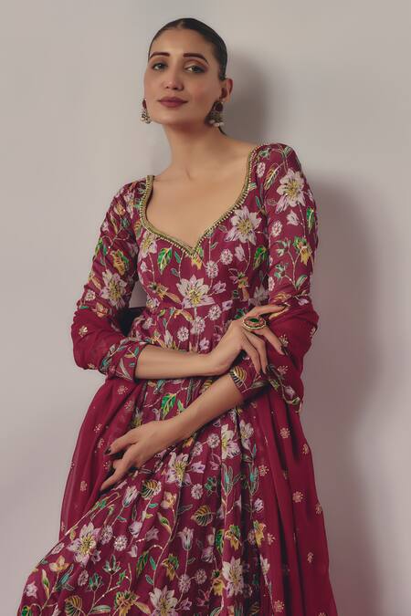Buy Krishna Padia Maroon Georgette, Chiffon, Midnight Blossom Print And Embellished Anarkali Set Online at Aza Fashions Buy_Krishna Padia_Maroon Georgette, Chiffon, Midnight Blossom Print And Embellished Anarkali Set _Online_at_Aza_Fashions