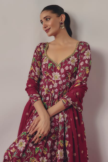 Shop Krishna Padia Maroon Georgette, Chiffon, Midnight Blossom Print And Embellished Anarkali Set Online at Aza Fashions Shop_Krishna Padia_Maroon Georgette, Chiffon, Midnight Blossom Print And Embellished Anarkali Set _Online_at_Aza_Fashions