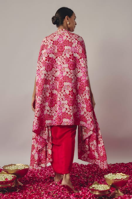 Shop Krishna Padia Pink Crepe Beads Open Neck Bahar Bloom Print And Embroidered Cape Draped Skirt Set at Aza Fashions Shop_Krishna Padia_Pink Crepe Beads Open Neck Bahar Bloom Print And Embroidered Cape Draped Skirt Set _at_Aza_Fashions