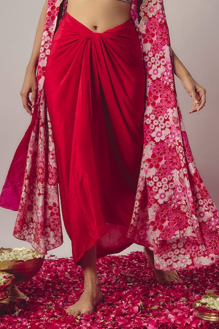 Krishna Padia Pink Crepe Beads Open Neck Bahar Bloom Print And Embroidered Cape Draped Skirt Set Online at Aza Fashions Krishna Padia_Pink Crepe Beads Open Neck Bahar Bloom Print And Embroidered Cape Draped Skirt Set _Online_at_Aza_Fashions