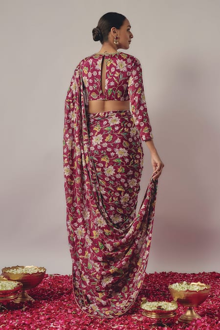 Krishna Padia Garden Blossom Print & Embroidered Pre-Draped Saree With Blouse 