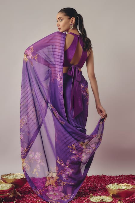 Shop_Krishna Padia_Purple Silk, Satin Botanic Bloom Print And Pre-draped Saree With Blouse _at_Aza_Fashions