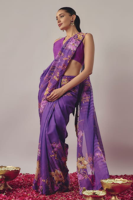 Krishna Padia_Purple Silk, Satin Botanic Bloom Print And Pre-draped Saree With Blouse _Online_at_Aza_Fashions