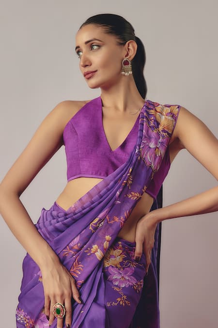 Buy_Krishna Padia_Purple Silk, Satin Botanic Bloom Print And Pre-draped Saree With Blouse _Online_at_Aza_Fashions