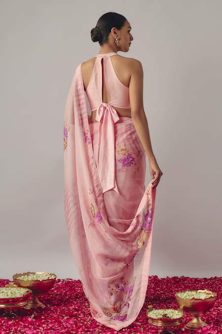 Shop_Krishna Padia_Pink Silk, Satin, Organza Botanic Floral Print And Pre-draped Saree With Blouse _at_Aza_Fashions