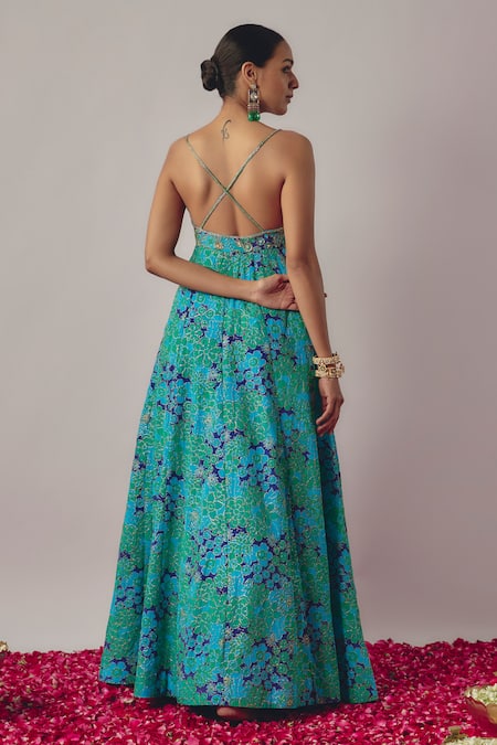 Shop Krishna Padia Blue Silk Organza, Lycra, Crepe Iris Garden Print And Embellished Anarkali Set at Aza Fashions Shop_Krishna Padia_Blue Silk Organza, Lycra, Crepe Iris Garden Print And Embellished Anarkali Set _at_Aza_Fashions