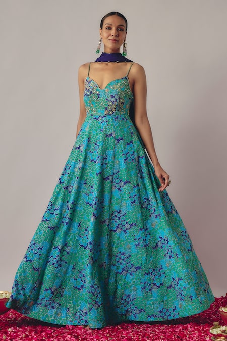 Buy Krishna Padia Blue Silk Organza, Lycra, Crepe Iris Garden Print And Embellished Anarkali Set Online at Aza Fashions Buy_Krishna Padia_Blue Silk Organza, Lycra, Crepe Iris Garden Print And Embellished Anarkali Set _Online_at_Aza_Fashions