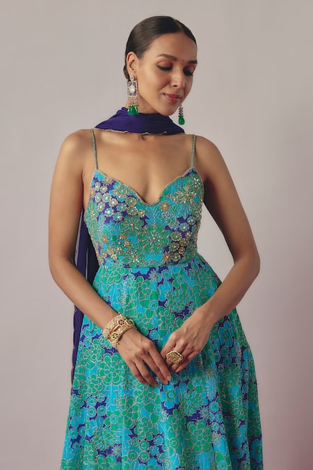 Shop Krishna Padia Blue Silk Organza, Lycra, Crepe Iris Garden Print And Embellished Anarkali Set Online at Aza Fashions Shop_Krishna Padia_Blue Silk Organza, Lycra, Crepe Iris Garden Print And Embellished Anarkali Set _Online_at_Aza_Fashions