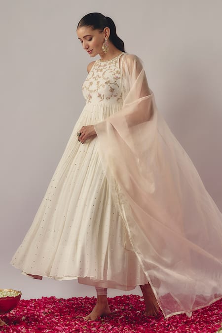 Krishna Padia_Ivory Organza, Georgette, Lycra Persian Bloom Tikki And Salli Anarkali Set _Online_at_Aza_Fashions