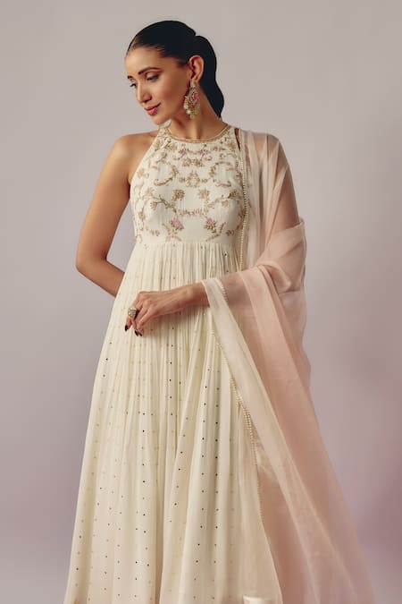 Buy_Krishna Padia_Ivory Organza, Georgette, Lycra Persian Bloom Tikki And Salli Anarkali Set _Online_at_Aza_Fashions