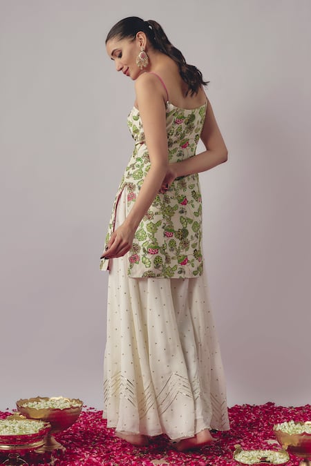 Shop Krishna Padia White Chiffon, Crepe Sequins, Fleur Garden Print And Embellished Kurta Sharara Set at Aza Fashions Shop_Krishna Padia_White Chiffon, Crepe Sequins, Fleur Garden Print And Embellished Kurta Sharara Set _at_Aza_Fashions