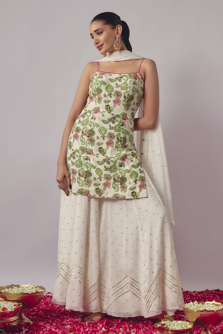 Buy Krishna Padia White Chiffon, Crepe Sequins, Fleur Garden Print And Embellished Kurta Sharara Set Online at Aza Fashions Buy_Krishna Padia_White Chiffon, Crepe Sequins, Fleur Garden Print And Embellished Kurta Sharara Set _Online_at_Aza_Fashions