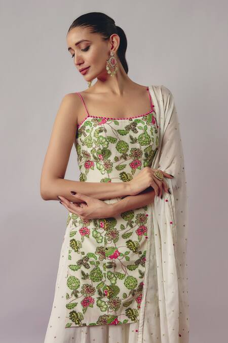 Shop Krishna Padia White Chiffon, Crepe Sequins, Fleur Garden Print And Embellished Kurta Sharara Set Online at Aza Fashions Shop_Krishna Padia_White Chiffon, Crepe Sequins, Fleur Garden Print And Embellished Kurta Sharara Set _Online_at_Aza_Fashions