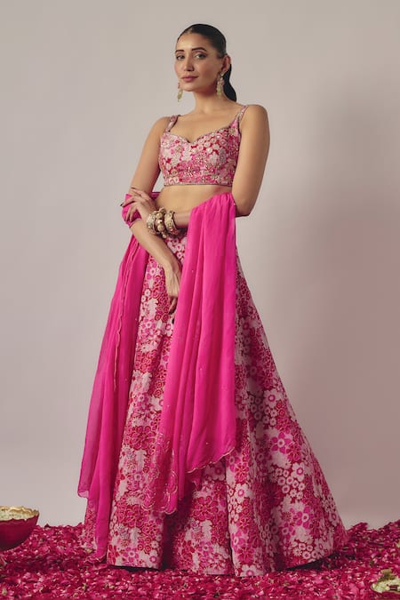 wildflower by krishna Pink Pure Crepe Print Petunia Garden Sweetheart Neck And Embellished Lehenga Set 