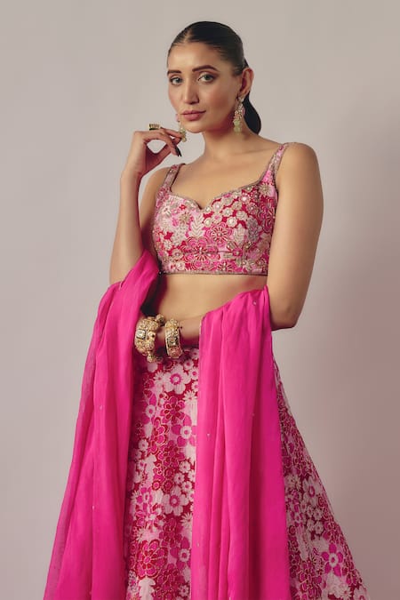 Krishna Padia_Pink Crepe, Silk Organza Sequins, Petunia Garden Print And Embellished Lehenga Set _Online_at_Aza_Fashions