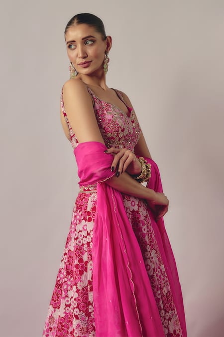 Buy_Krishna Padia_Pink Crepe, Silk Organza Sequins, Petunia Garden Print And Embellished Lehenga Set _Online_at_Aza_Fashions