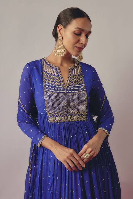 Buy_Krishna Padia_Blue Lycra, Chiffon, Crepe Sequins Round Mughal Embroidered Yoke Anarkali Set _Online_at_Aza_Fashions