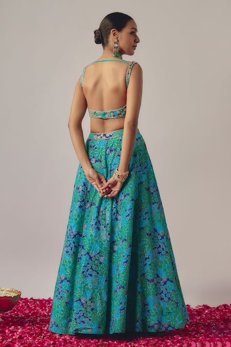 Krishna Padia Bluebell Bloom Print & Embellished Lehenga Set 